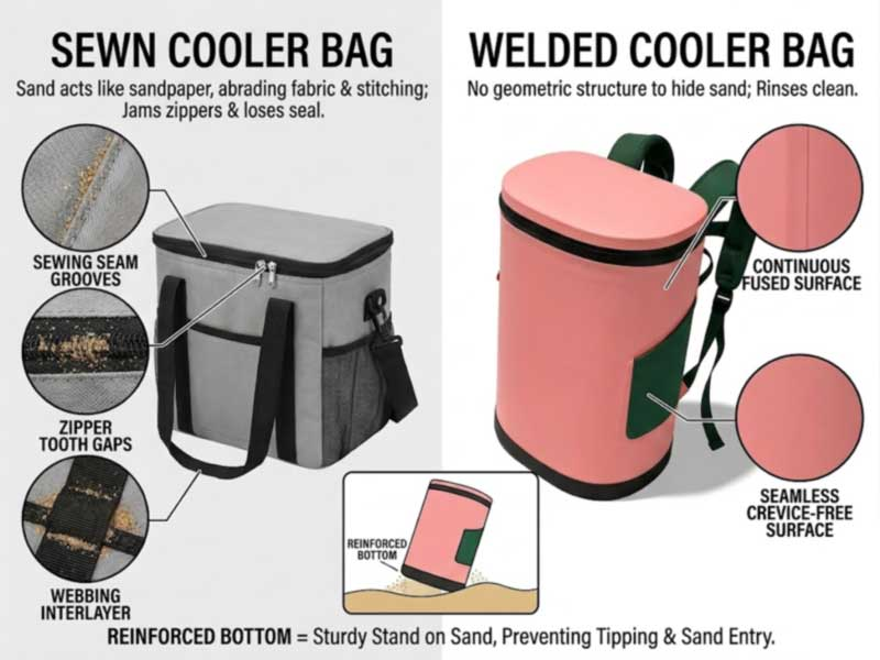 where sand hides in a stitched cooler versus a welded seamless cooler backpack
